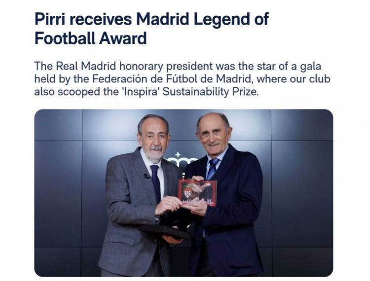 （皮里 皇马）官方：皇马名誉主席皮里获得马德里足协颁发的马德里足球传奇奖插图